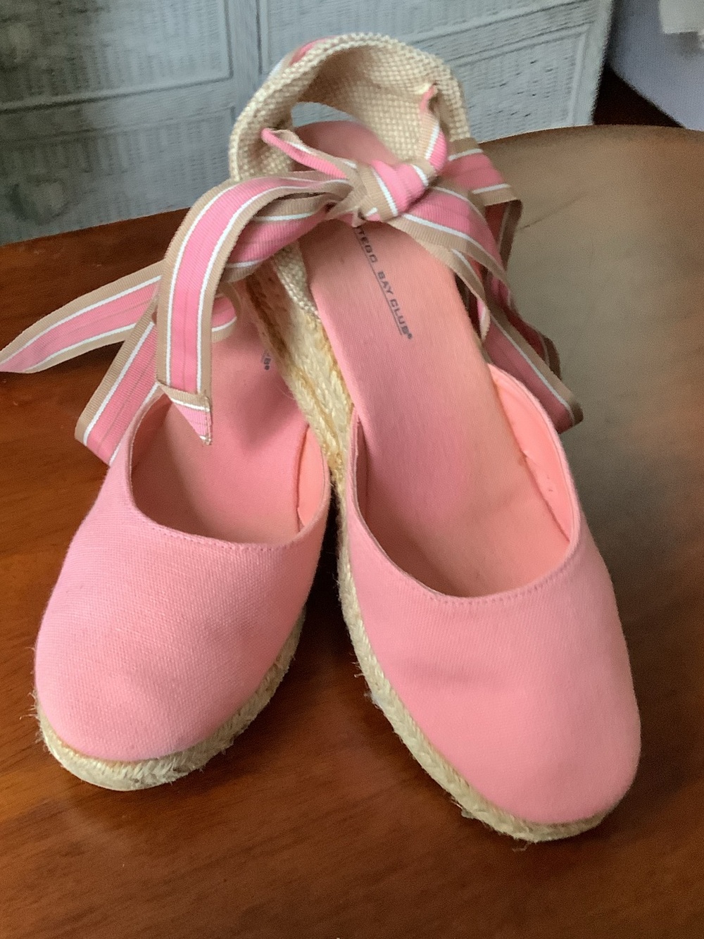 Peachy Pink Espadrille Wedge Sandals with Ankle Tie. Canvas/cotton.